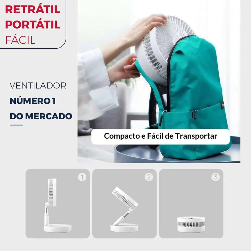 Ventilador Dobrável, Silencioso, Recarregável, com Ajuste de Altura, Sem Fio, Portátil e com Varias Velocidades